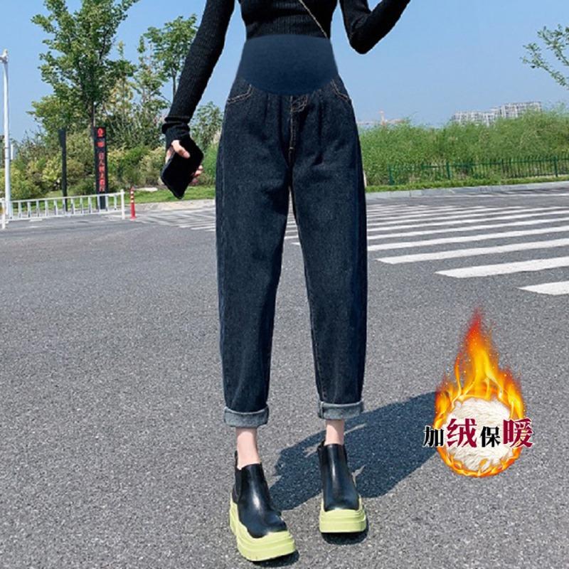 

8 Джинсы из утолщенной эластичной овечьей шерсти для беременных, зимние брюки для папы, теплая верхняя одежда, повседневные брюки с поддержкой живота 2XL