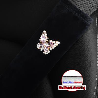 1 Butterfly Plush Set with Artificial Diamond Blingbling Soft Comfort Car Supplies Seat Belt Shoulder Cover Safety Belt