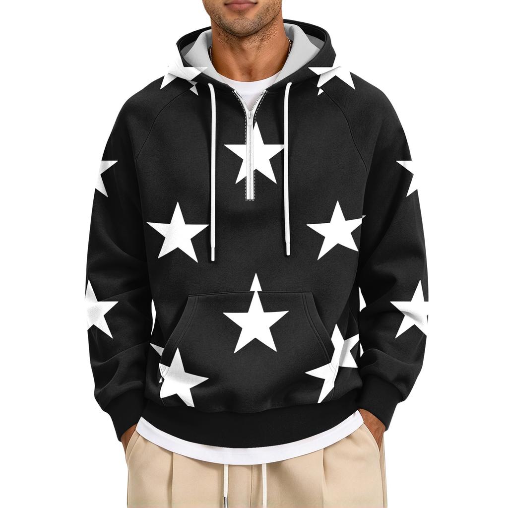 Men's Fall Print Zip-Up Hoodie, Casual Loose Fit Long Sleeve Sweatshirt Top