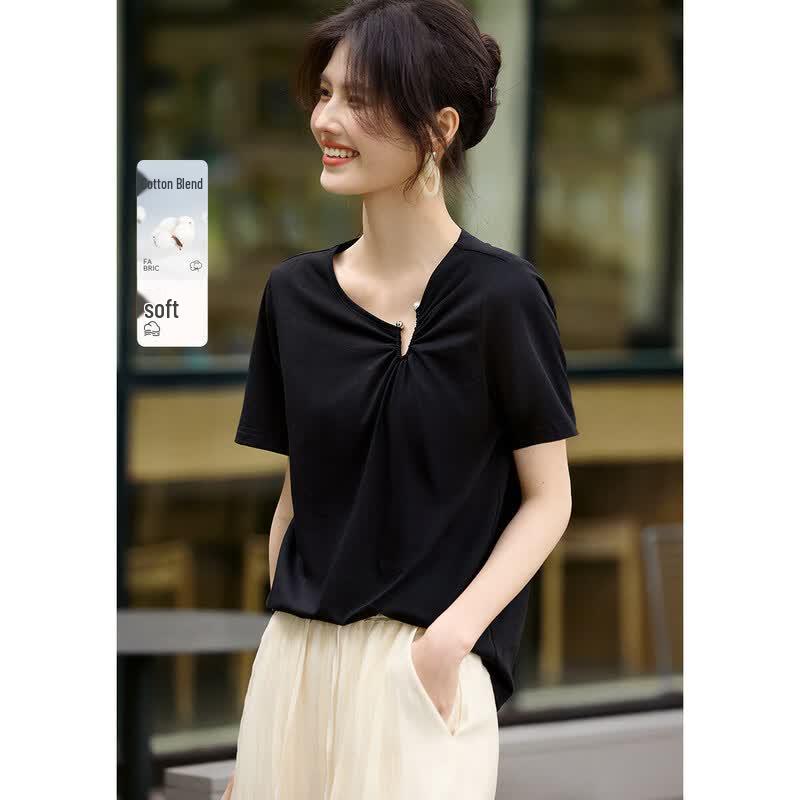 XWI Women s Cotton Short Sleeve T-Shirt with Metal Ring & Pleats M чёрный