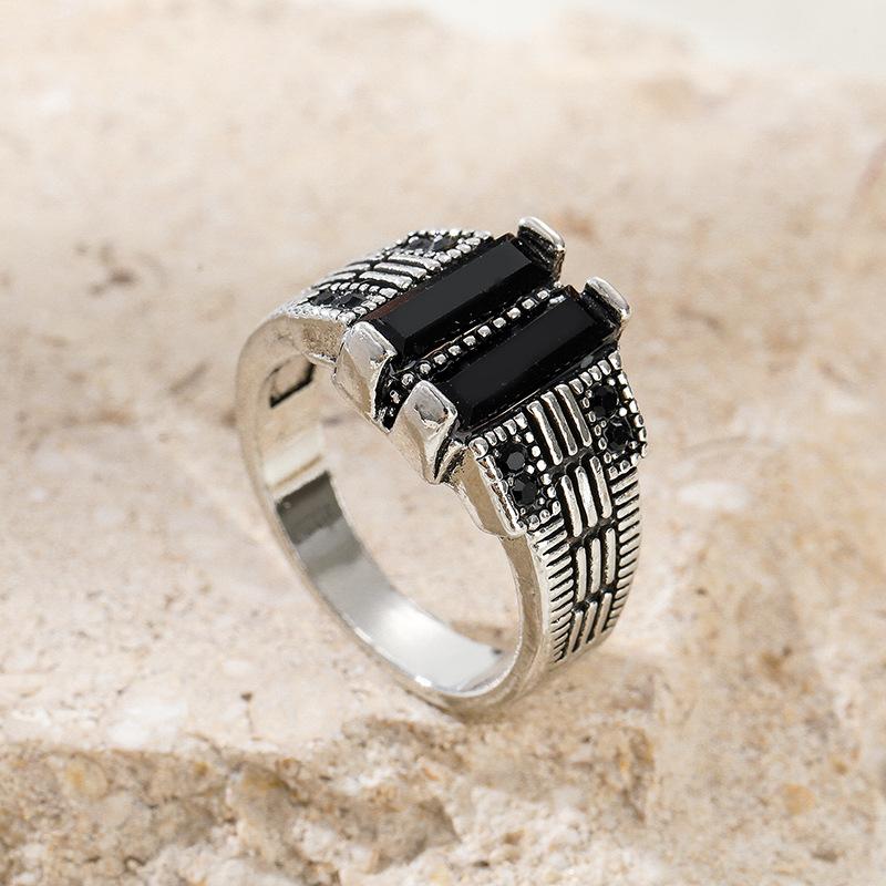 Vintage Pattern Black Face Zircon Ring Fashion Personality Trend Matching Alloy Hand  for Men