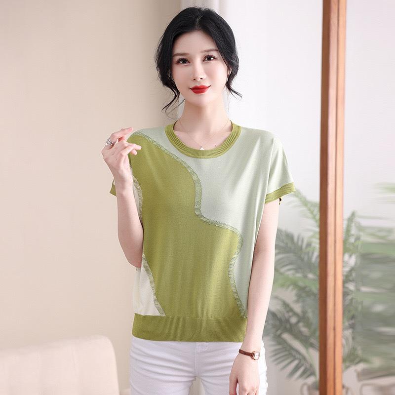 Women Summer New Ice Silk Round Neck Short Sleeve T Shirt Elegant Loose Thin Knit Top