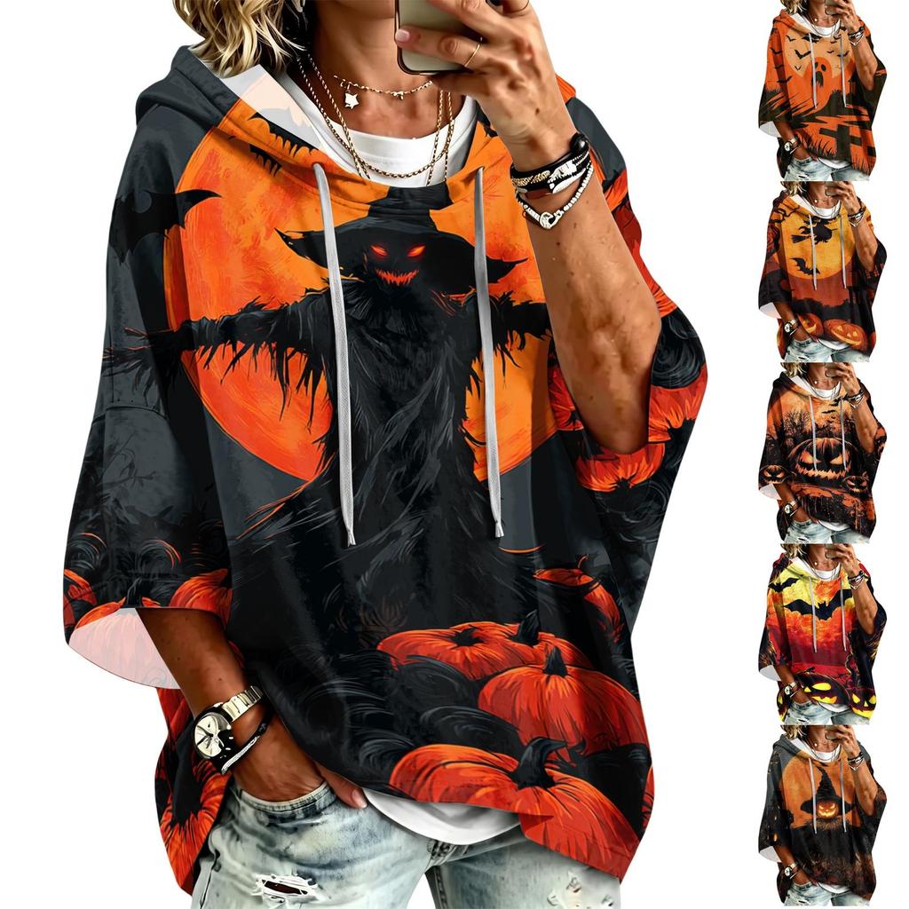 Women's Fashionable Three-Quarter-Sleeve Halloween-Printed Hooded Pullover
