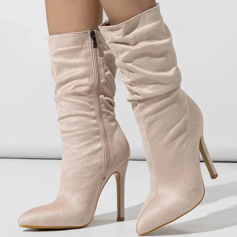 2024 Autumn New Zipper Ankle Boots Women Fashion Pleated Pointed Stilettos Prom Party Chelsea Shoes Short Boots Botas Mujer