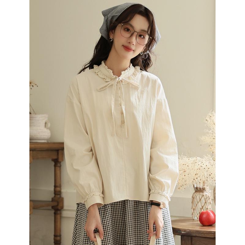 

Japanese Retro Ruffle Collar Blouse: Women s Long Sleeve Bow Tie Top Large абрикосовый