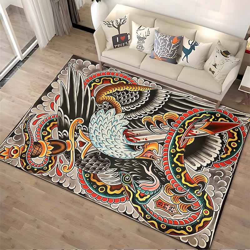 Bold Eagle and Snake Tattoo Style Carpet with Vibrant Colors and Patterns Suitable for Use As an Anti-slip for Living Room Bedroom Sofas