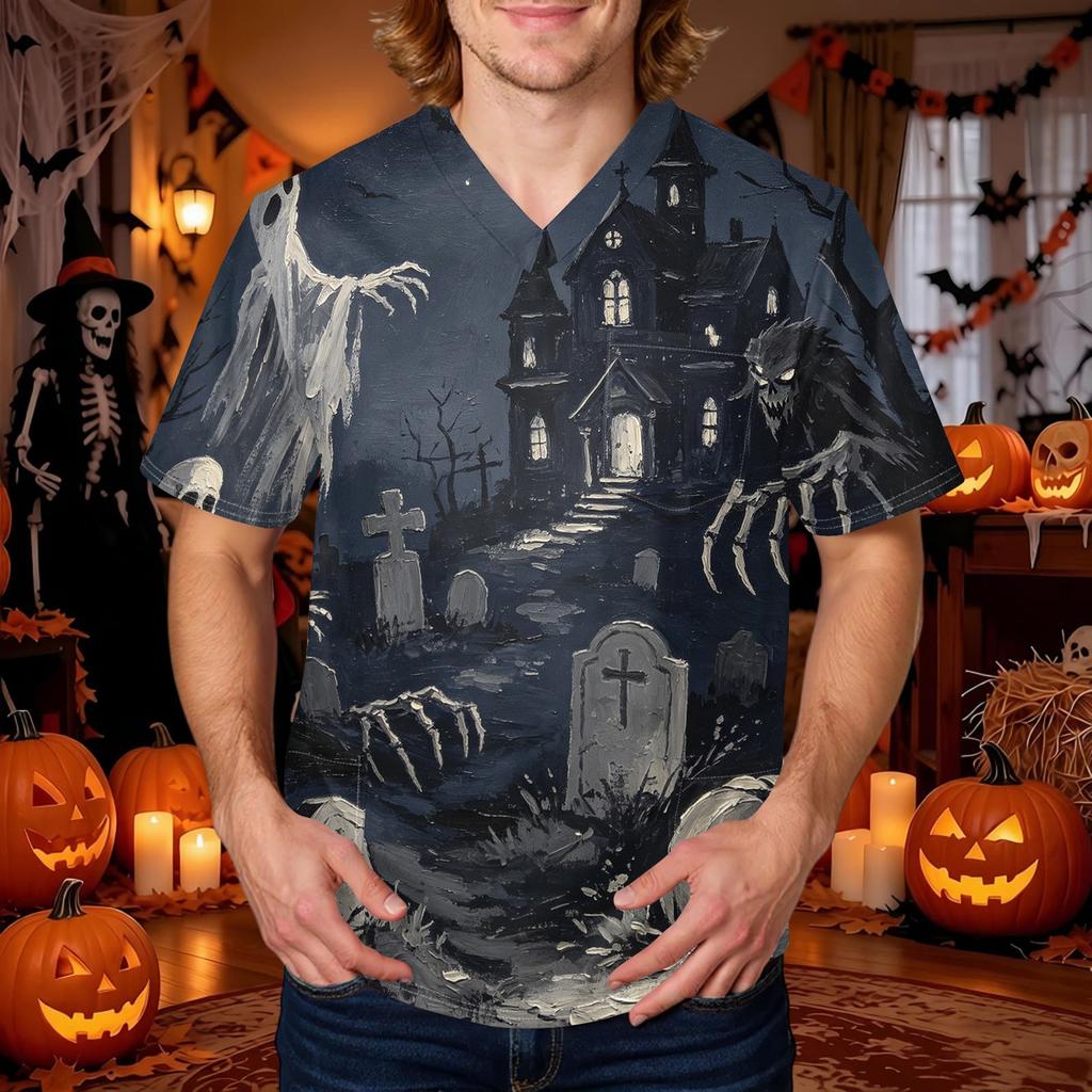 Men's Halloween Print V-Neck Scrub Top with Pocket Short Sleeve Uniform Shirt