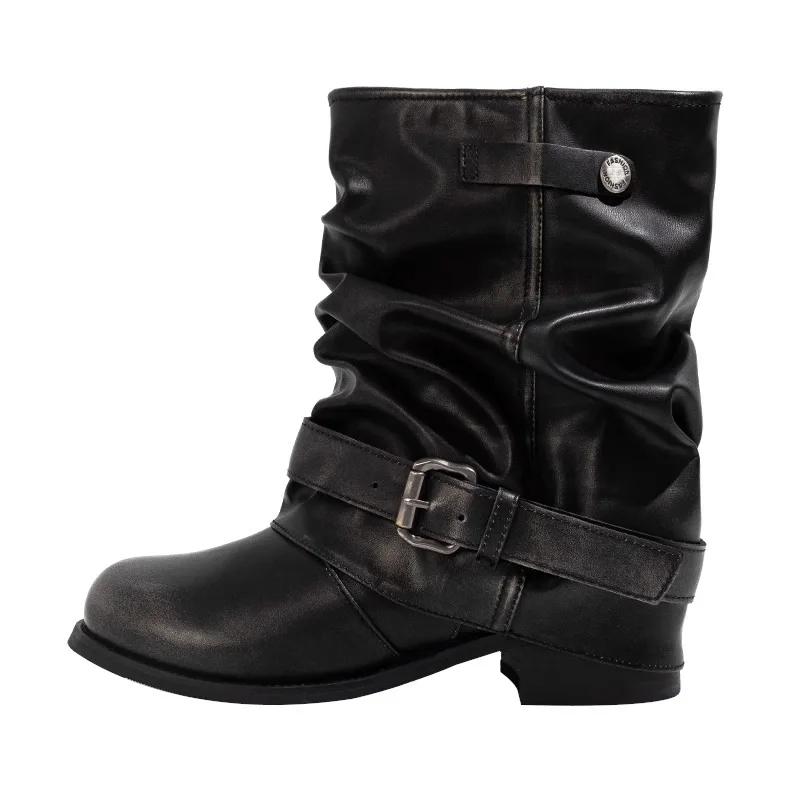 Άνετες Διπλωμένες Καλοκαιρινές Κοντές Μπότες Γυναικείες Μποτάκια Φαρδύ Στέλεχος Μοντέρνο Υλικό Πολυουρεθάνης Τετράγωνο Δάκτυλο Εξωτερική Σόλα Καουτσούκ