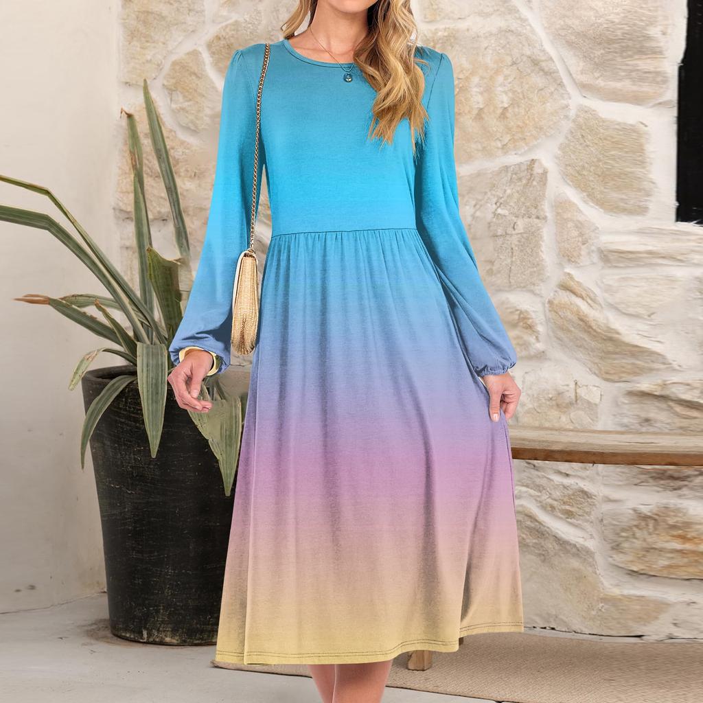 Women's Fashionable Loose Gradient Printed Round-neck Dress