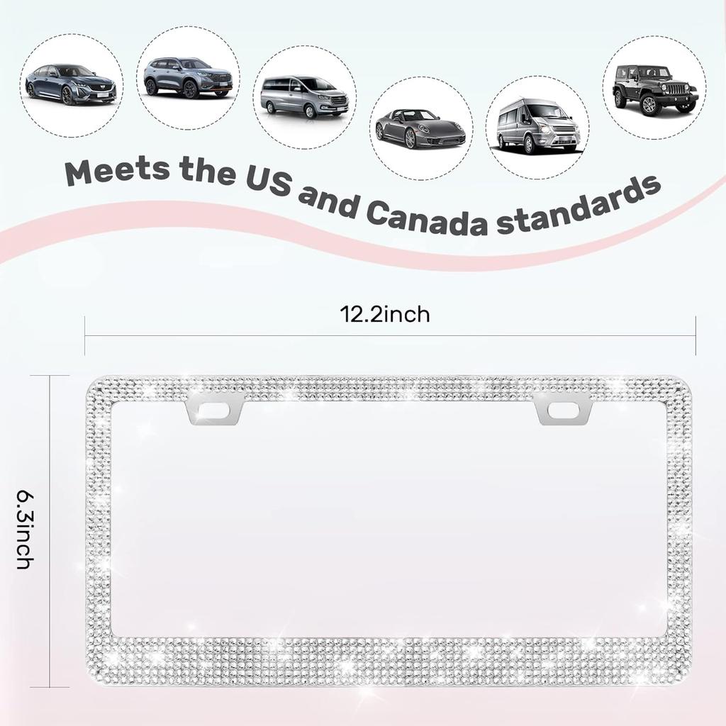 2 Pack Bling License Plate Frames, Sparkly Rhinestone Diamond Car License Plate Cover For Women, Stainless Steel Car Accessories With Glitter Crystal