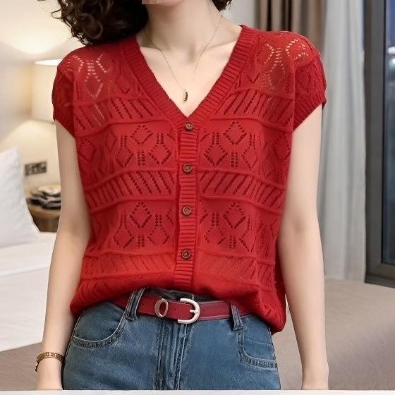 Women's Red Short Sleeve Summer Cardigan - Hollow Knit, Loose, Slimming, Breathable