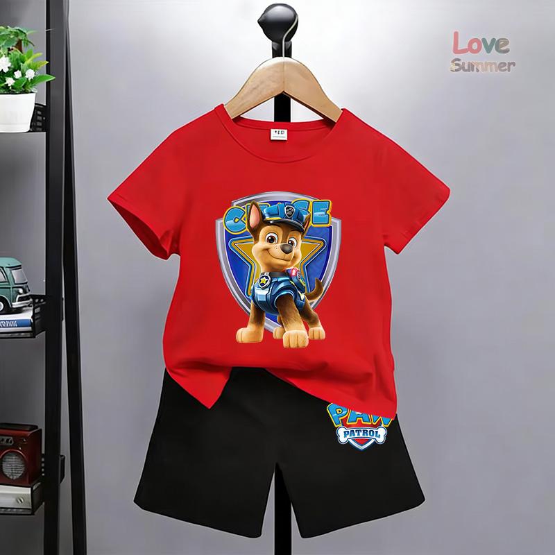 Chase Print T-Shirt Shorts Anzüge, Geeignet für Jungen Paw Patrol Perfekt für Alltags-Kleidungssets Freizeitkleidung Outdoor-Aktivitäten