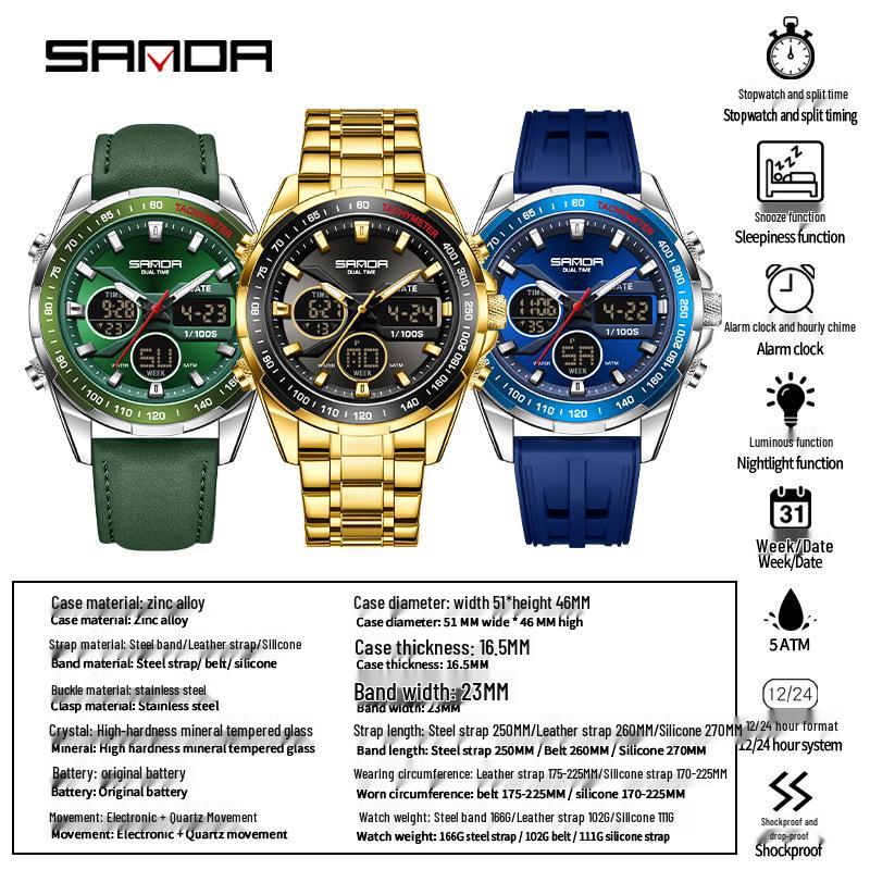 Sanda Men's Waterproof Dual Display Multi-Function Watch with Timer, Snooze, and Night Light.