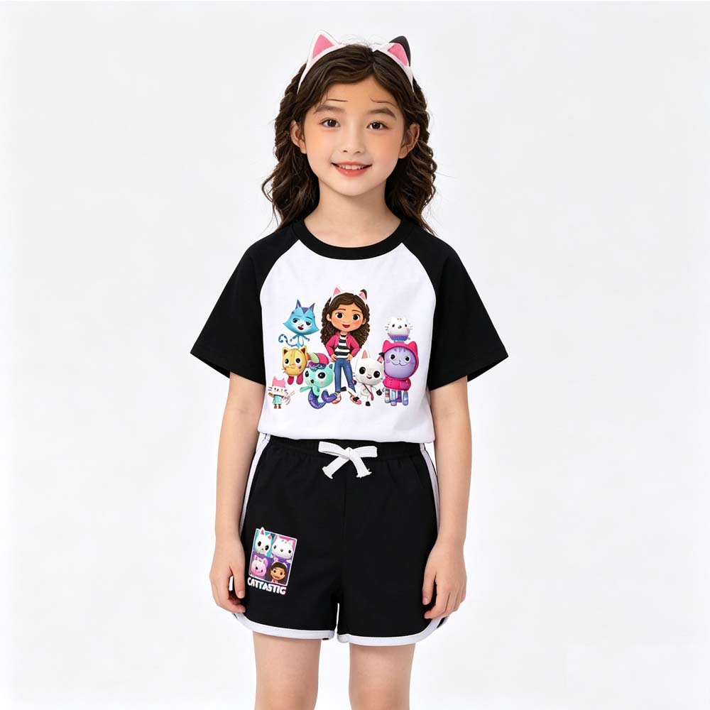 Gabby's Dollhouse Girls Sportswear Set Toddler Boy Clothes Summer Pajamas Gabby Cats Cotton Short Sleeve T Shirt+Shorts Costume