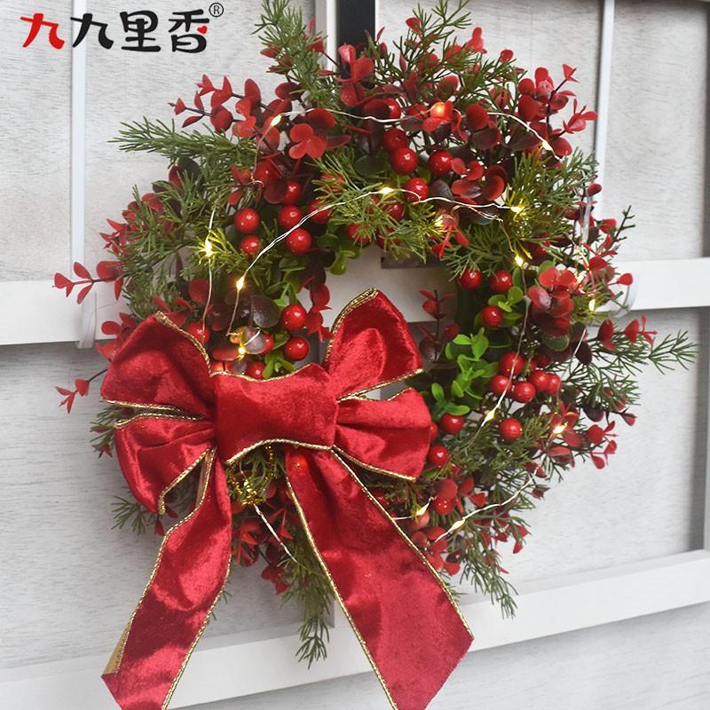 Mini Christmas Wreath With LED Lights Red Berries Eucalyptus Decor Holiday Home Door Wall