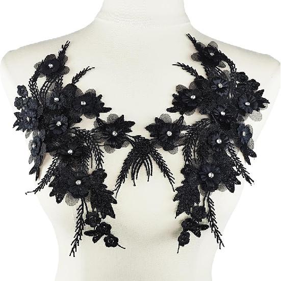 1 Pair Lace Flower Applique Beaded Rhinestones Sew On Embroidered Patches Applique Décor for Wedding Dress DIY Sewing Craft Decoration, Black 9.2 x