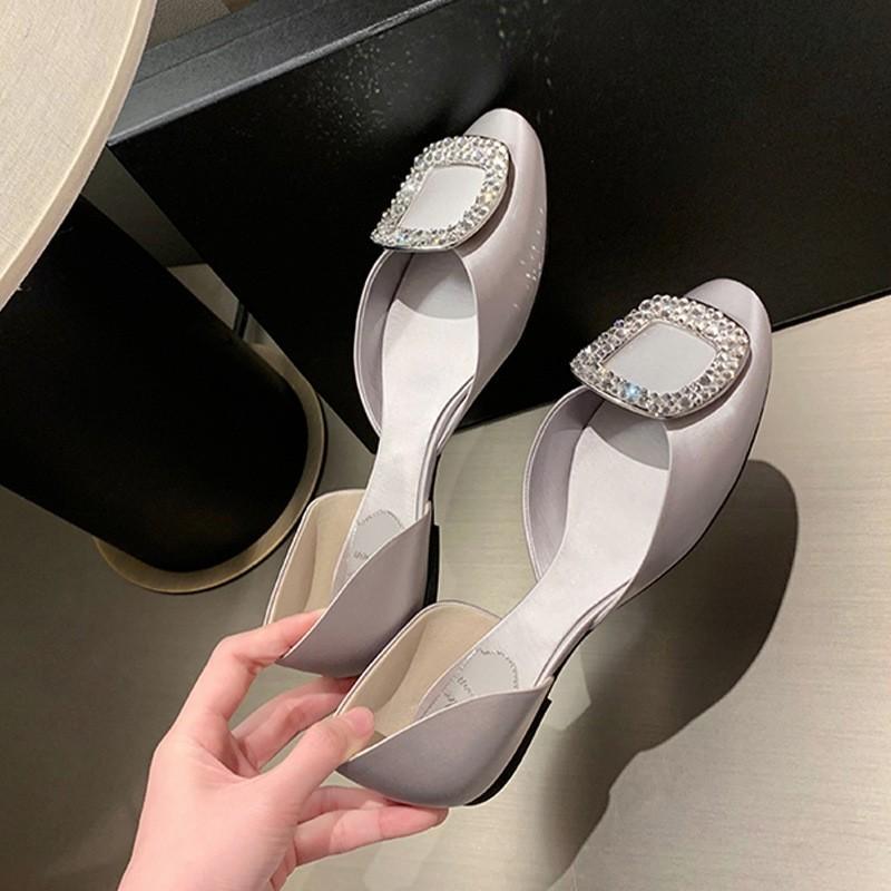 2025 Sommer neue Seide Strass eckige Schnalle Einzelne Schuhe, modische Fee runder Kopf flacher Ausschnitt hohl flache Sohle einzelne Schuhe Damen