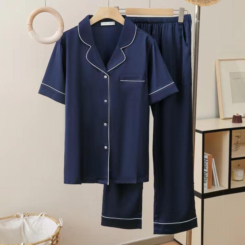 

Женские пижамные комплекты Осень Короткий рукав Топ на пуговицах и брюки Одежда для сна 2 предмета Пижамный комплект на пуговицах Домашняя одежда Сатиновая одежда для отдыха L