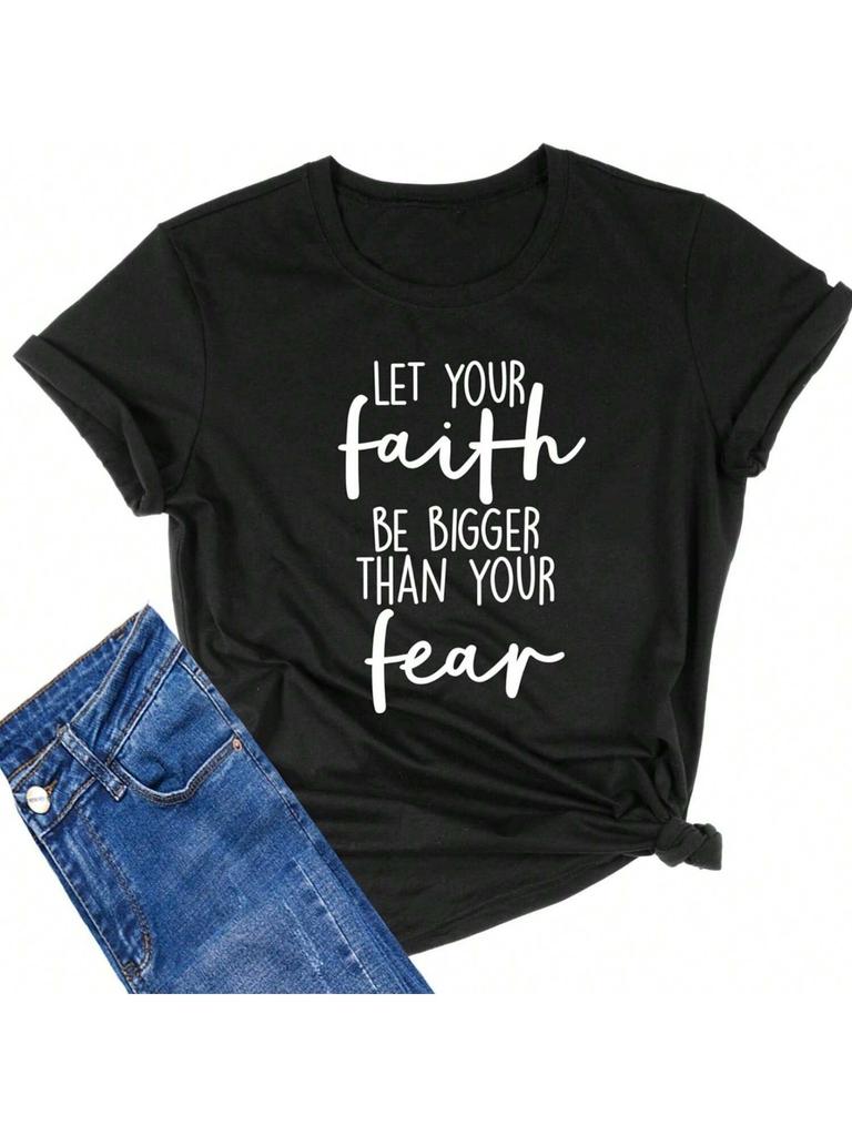 MIMOORN Wounisex's O Neck Faith Fear Letter Printed T Shirts Short Sleeve Graphic Tees Tops