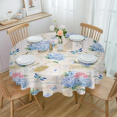 Spring Hydrangea Flower Dragonfly Vintage Round Tablecloth Waterproof Table Cover For Wedding Party Decor Dining Table Cover