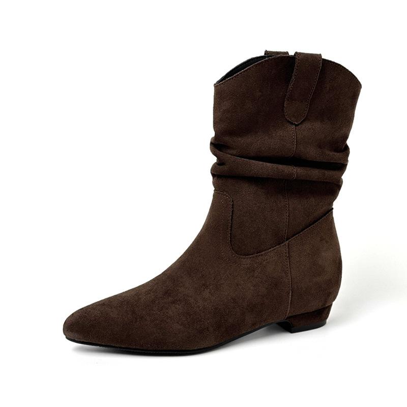 Height increase cm V-mouth large tube circumference pointed short boots women's year new Korean version suede pleated thick heel stacking boots