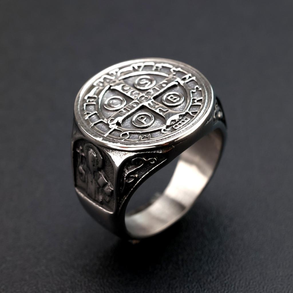 Antique Stainless Steel Men's St Benedict Cross Exorcism Ring
