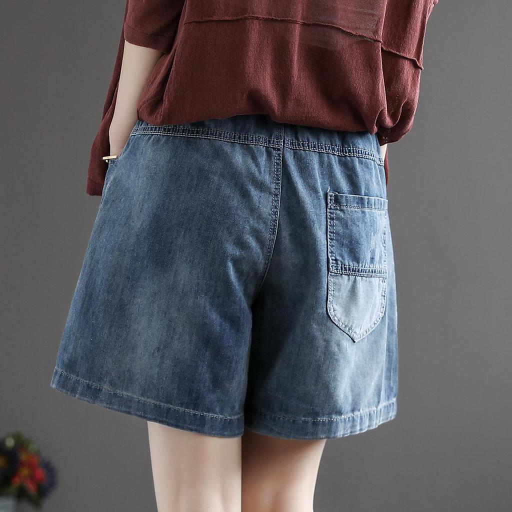 Women's High Waist Denim Shorts Loose Fit Wide Leg Shorts With Embroidery And Ripped Detail For Summer