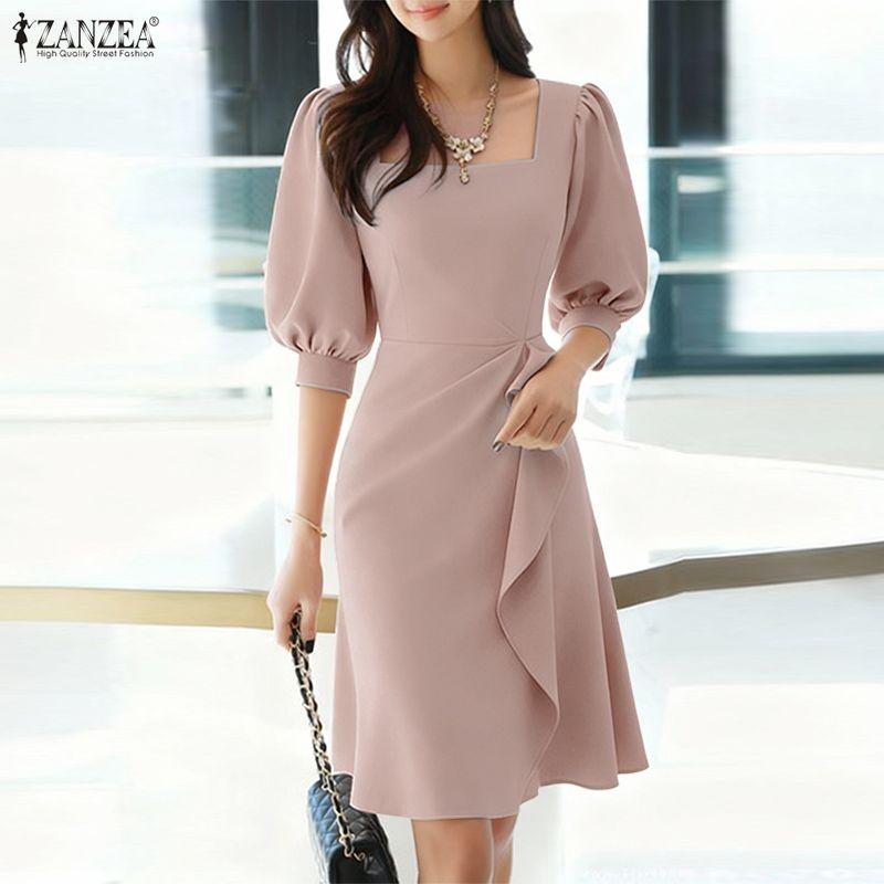 ZANZEA שמלת קיץ קז'ואלית לנשים עם צווארון מרובע ושרוולים קצרים