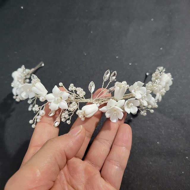 SLBRIDAL Handmade Ins Style Luxury Rhinestone Crystal Porcelain Flower Bridal Tiara Wedding Bridesmaids Crown Women Hair Jewelry