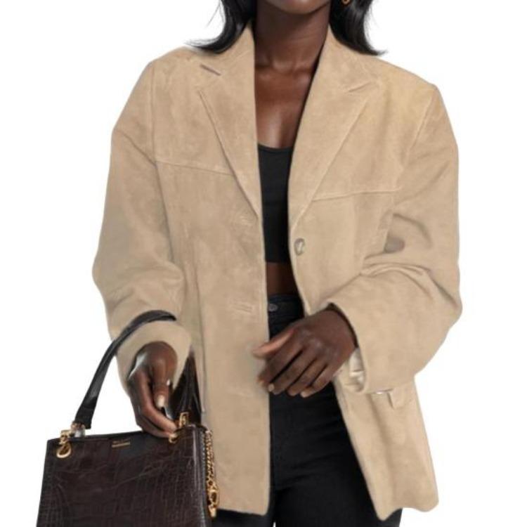Vintage Women Jacket OL Commuting Style Turn Down Collar Single Breasted Solid Color Loose Mid Length Coat Autumn Winter S