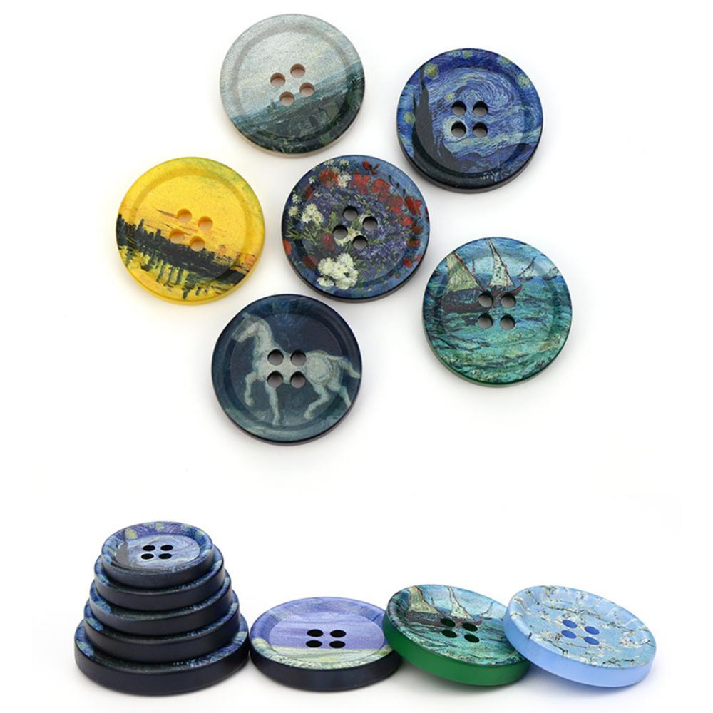 Resin Round 4 Holes Buttons Landscape Print 21Mm-34Mm Diy Handmade Sewing Accessories For Clothing Decorative Buttons Tool 5Pcs