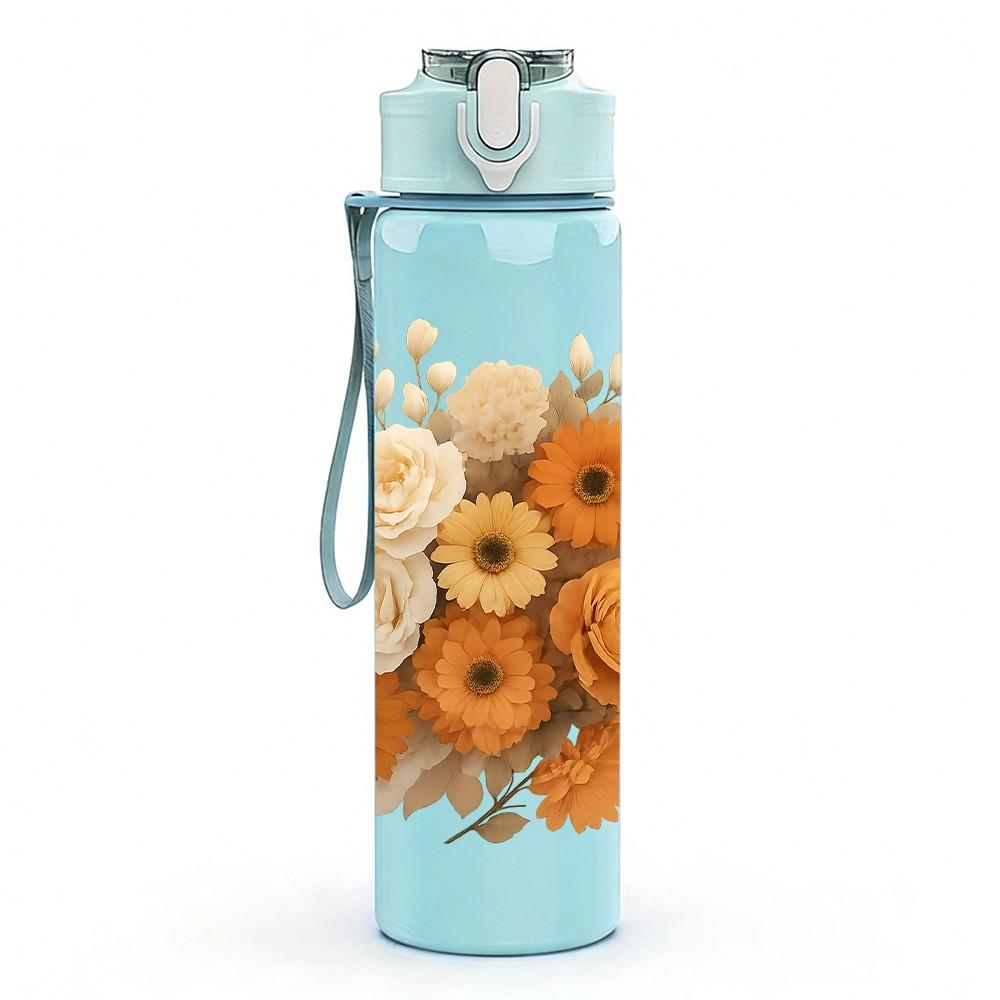 1PC Warm Dried Sunflower Bouquet Pattern 750ml Color Plastic Sports Water Bottle Leakproof Flip Straw Lid Suitable for Sports Office Home Use