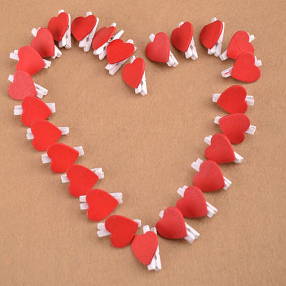 50Pcs Wooden Heart Pegs Clip Stylish Red Love Heartphoto Paper Clips Wedding Decoration Craft