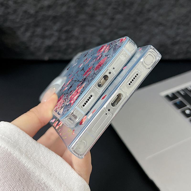 Red Floral Pattern Feather Sparkling Hard PC Slim Phone Case For Samsung S25 Ultra S24 FE S23 A36 A56 A16 A55 Glitter Shockproof TPU Soft Edge Cover