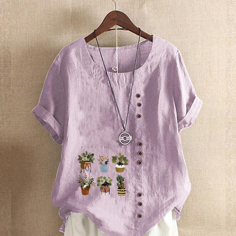 Damenmode Niedliches T-Shirt mit Blumentopfdruck Kurzarm Locker Baumwollhemd Lässig Locker Sommerbluse Oberteile Übergröße