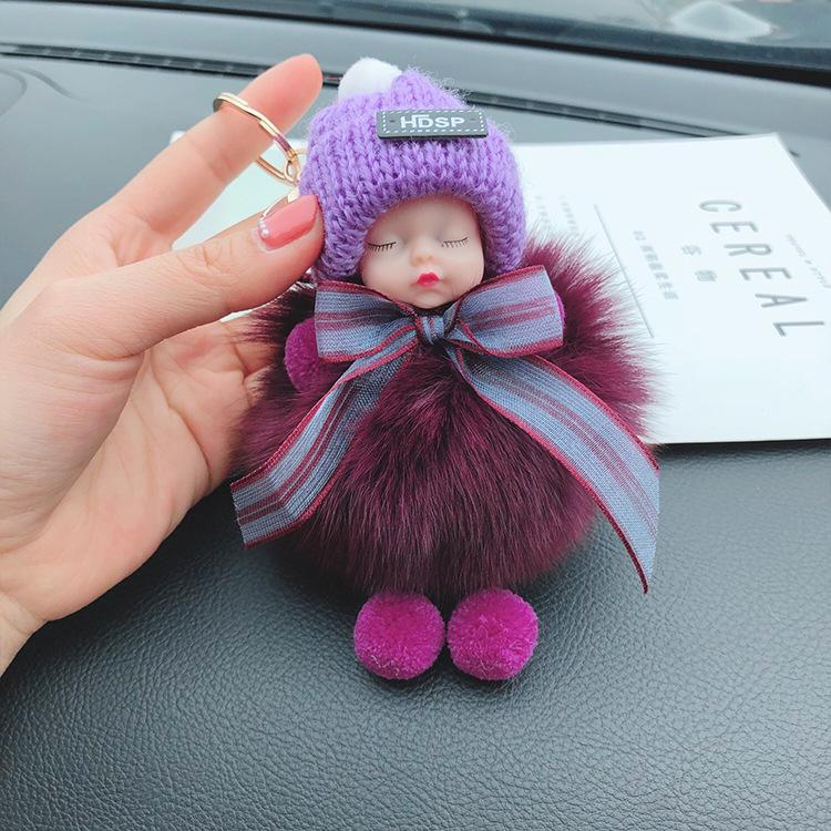 Korean Bow Keychain: Squinting Doll with Fox Fur Pendant - A Unique Japanese and Korean Gift
