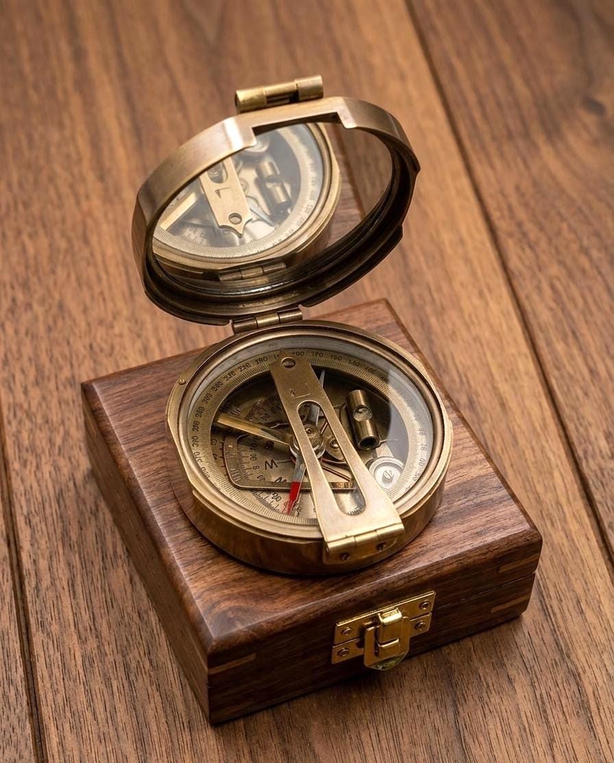 Antique Brass Sundial Compass Nautical Navigation Instrument, Wooden Box