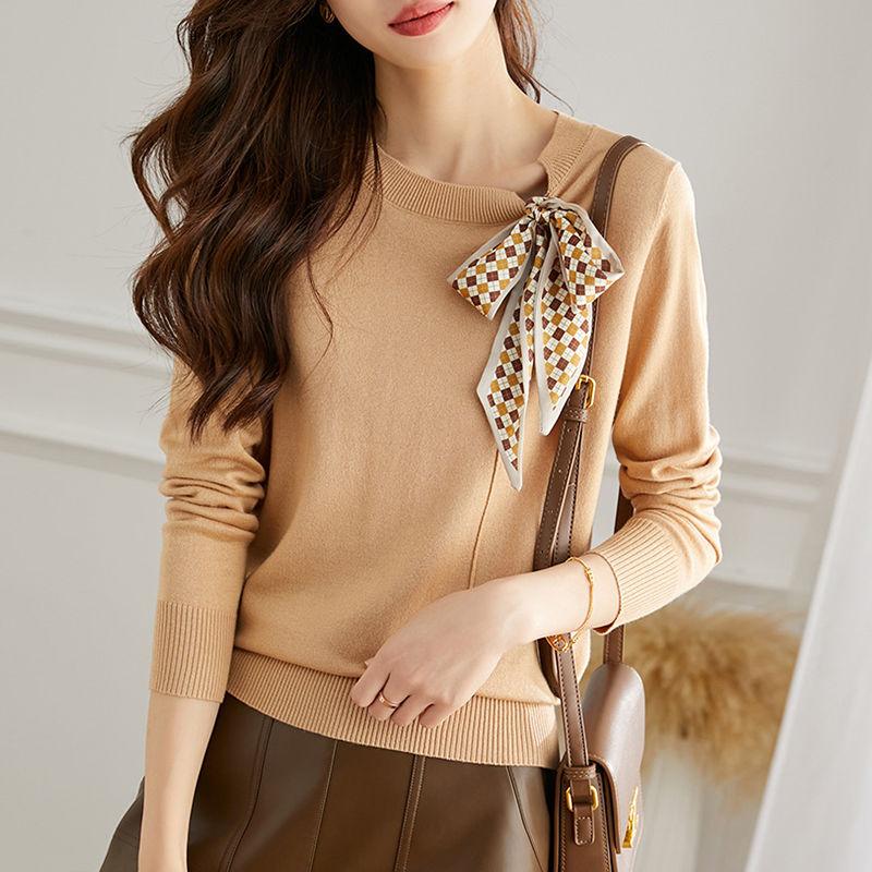 French Style Fashion Sping Autumn New Sweaters Women O-Neck Bow Lacing Small Scarf Temperament Long Sleeve Pullovers Knitted Top