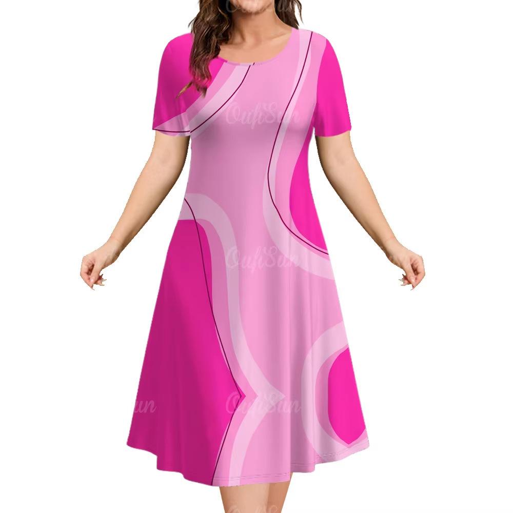 Elegant Women Short Sleeve Fashion 3d Print Midi Dress Plus Size Beach Clothing