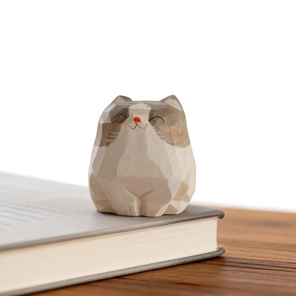 Hand Carved Wooden Cat Figurine Cute Kitten Statue Home Desktop Decor Calico Orange Cat Ragdoll Bombay Cat Miniature Craft Gift