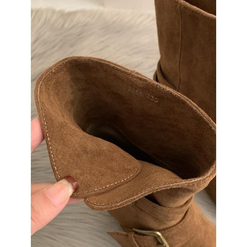 Boots New Season Retro Square Head Suede Short Boots Thick Heel Wide Boots Foldable Brown Western Boots