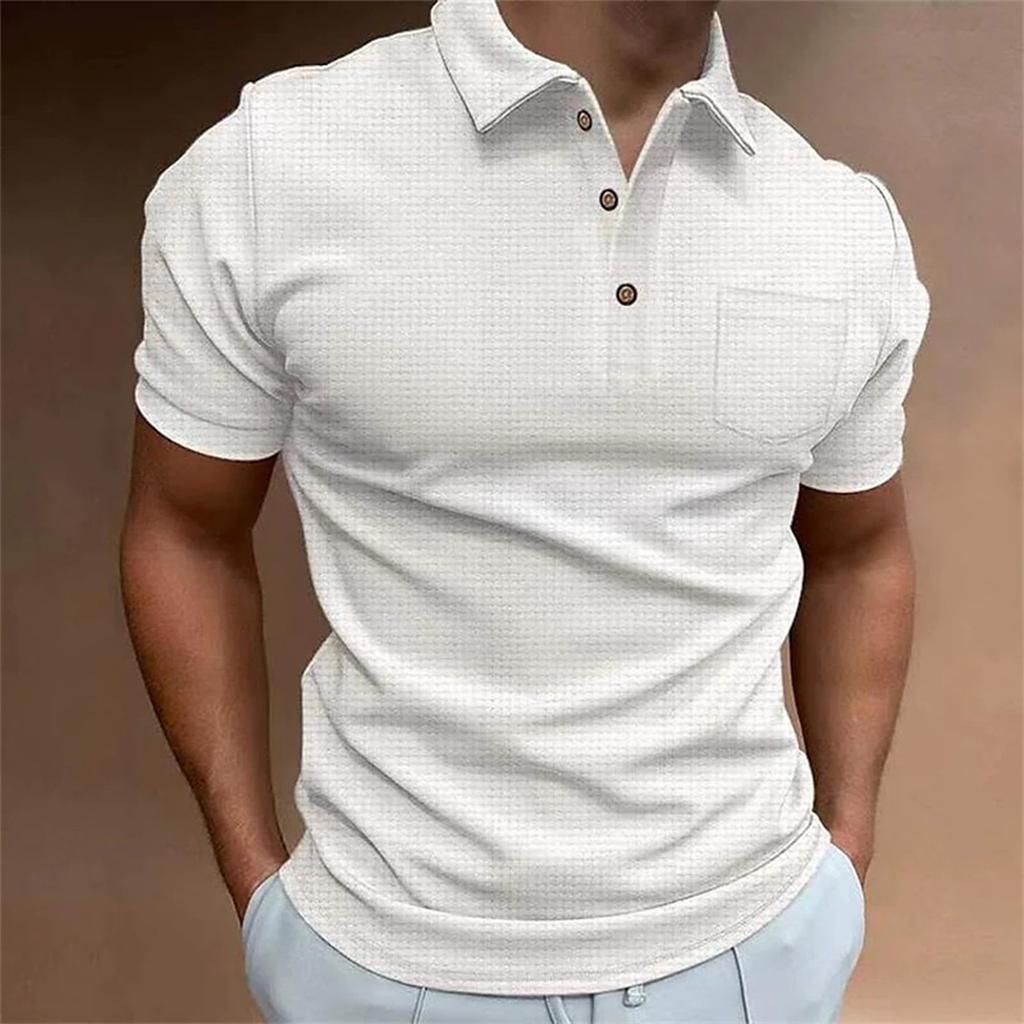 Men's Wa-ffle Short Button Sleeve Shirts Golf Shirt Solid Color Outdoor Street Casual Fashion Casual Slim Fit T-Shirt
