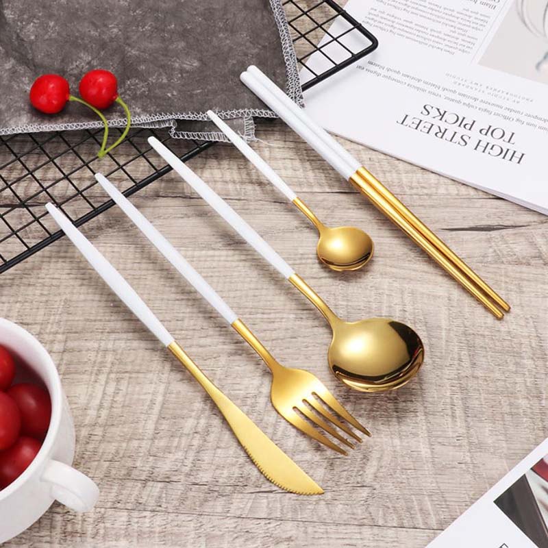 Nordic Stainless Steel Steak Knife Fork Spoon Teaspoons Chopsticks 5 Pieces Set Mirror Frosted Luxury Kitchen Tableware Set Home Party Dinnerware Set