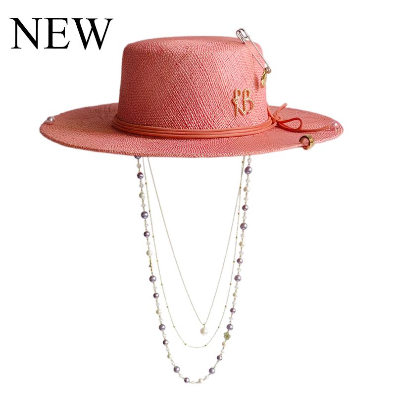 Personalized Flat Top Straw Hat Handmade Design Hat Pearl Chain Summer Sun Hat New Letter Hat Beach Women Gorras Para Hombres
