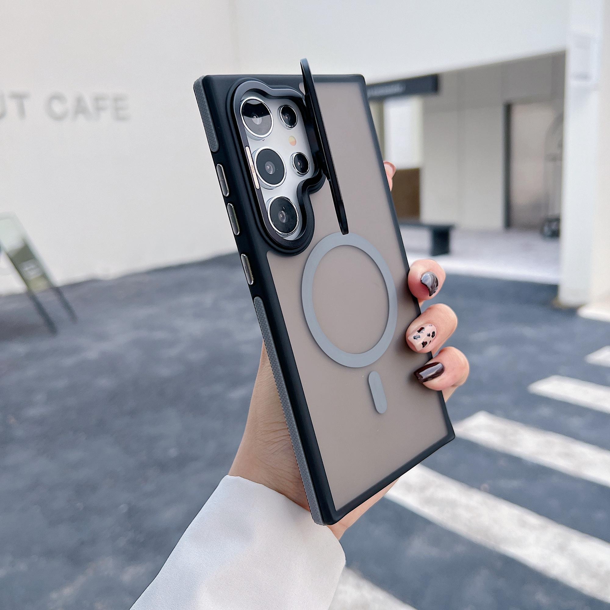 

For Samsung Galaxy S24 Ultra Magnetic Case Skin-Touch TPU Acrylic Phone Back Cover with Lens Protector Kickstand Grey