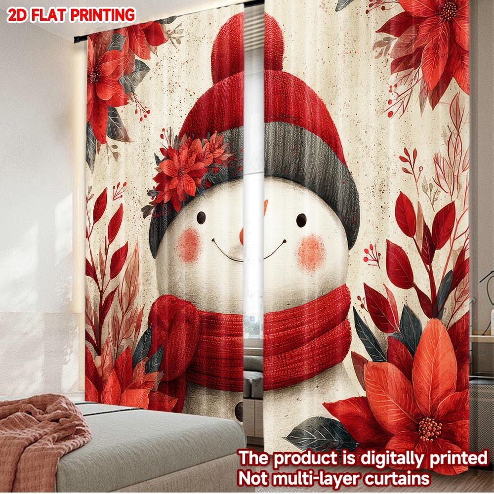 

Flat Printing Christmas Party Curtains Snowman Poinsettias Digital Printed Polyester Drapes Family Curtain Set Of 2 Made Washable W100*H70(CM)-Hooks&1PCS