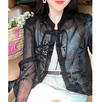 Blusa Transparente de Gasa con Estampado de Bambú para Mujer Estilo Chino Cuello Mao Atada Holgada Protector Solar