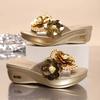 Floral Gold Silver Sandals Women Slip on Wedge Heels Pearl Sandalias Mujer Summer Soft Sole Platform Slippers Shoes Woman