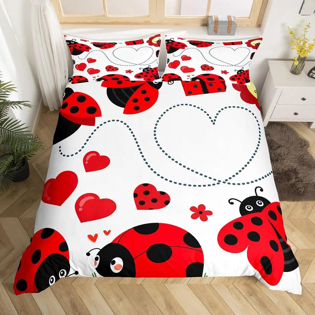 Ladybug Duvet Cover Set Cute Bug Bedding Set Twin Size for Kids Boys Bedroom Red Floral and Insect Adults Queen Duvet Cover Sets