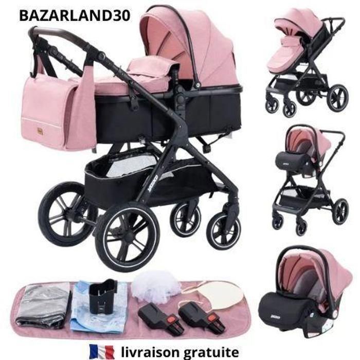 Passeggino 3 in 1 Bambino Combinato Seggiolino Auto Navicella Trio Reversibile Regolabile Alta Qualità Ruote Antiforatura Manico.Rosa